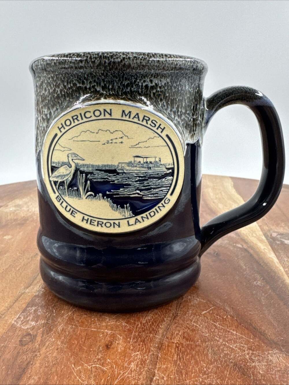 Deneen Pottery Horicon Marsh Blue Heron Landing Wisconsin Pottery Mug USA 2018